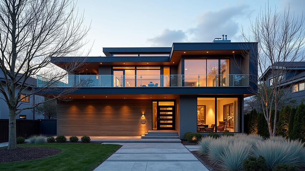 Modern Canadian home with evening lighting and stone architecture